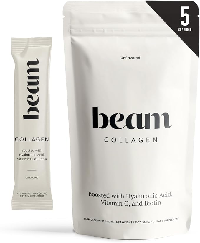 Beam Collagen Powder, Collagen for Women, Collagen with Hyaluronic Acid, Collagen Peptides Type 1 and 3, with Biotin, Grass Fed Bovine, Third-Party Tested, Best for Coffee, Vitamin C, 5 Servings