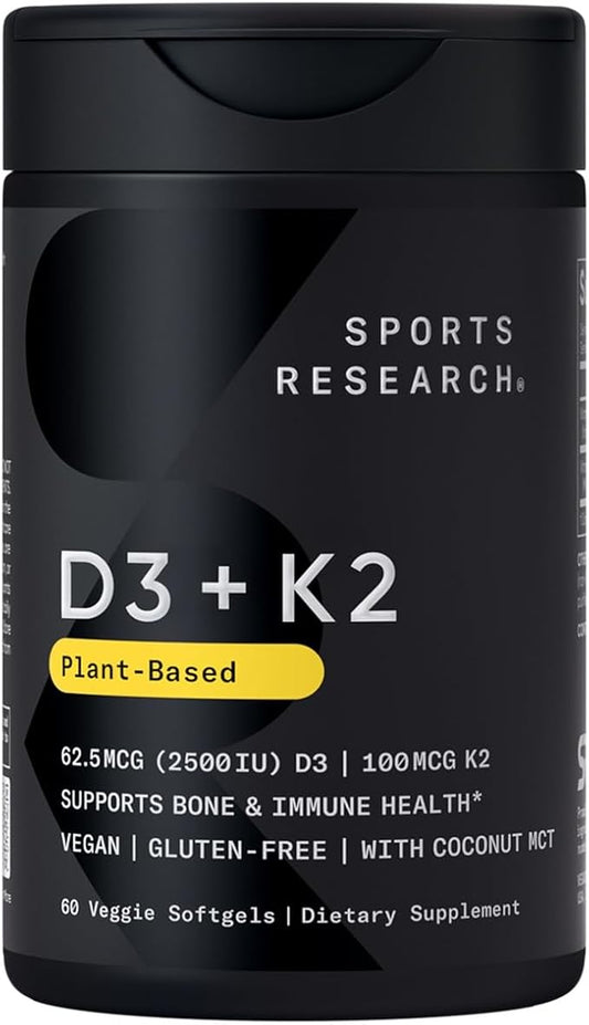 Sports Research® Vitamin D3 + K2 with Coconut MCT Oil | Vegan D3 2500iu (62.5mcg) & Plant Based Vitamin K2 Supplement | Vegan Certified, Soy & Gluten Free - 60 Softgels