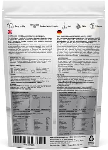 The Intelligent Health Hydrolyzed Collagen Peptides Powder, Grass Fed, High Protein, Unflavored, Gluten-Free, Paleo & Keto Friendly, 10g per Serving (1kg) Supports Skin, Hair, Nails, Joints, & Bones