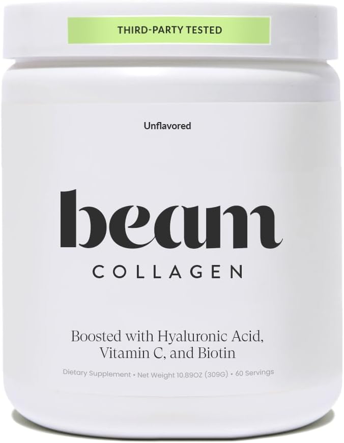 Beam Collagen Powder, Collagen for Women, Collagen with Hyaluronic Acid, Collagen Peptides Type 1 and 3, with Biotin, Grass Fed Bovine, Third-Party Tested, Best for Coffee, Vitamin C, 60 Servings
