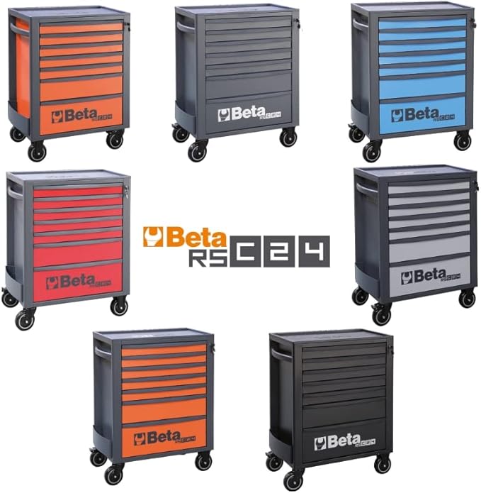Beta RSC24 Heavy Duty Rolling Tool Cabinet, 7 Drawers, Red, Ball Bearing Slides, Rubber Mat Liners, 5" Casters, Anti-Fall Edge Worktop, 1760 lbs Load Capacity, Made in Italy