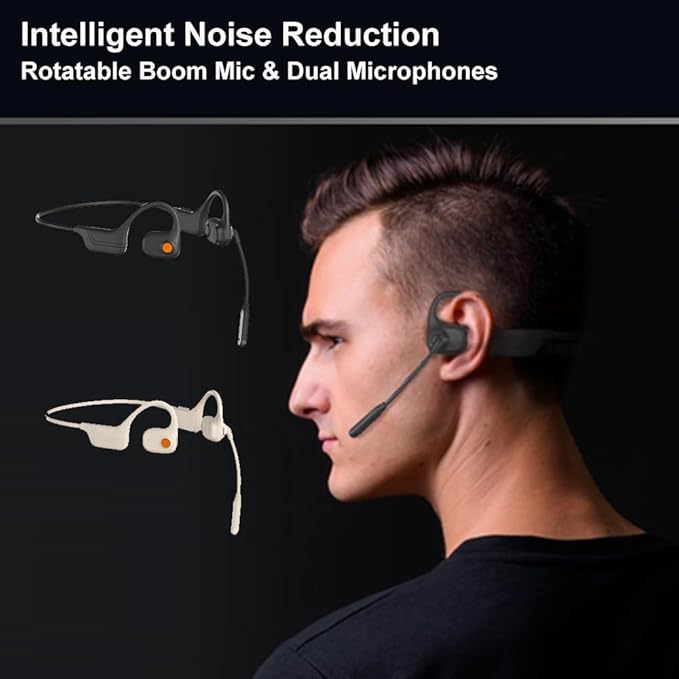 IHAO Open Ear Air Conduction Bluetooth Headphone Dual Mic Rotatable Boom Mic Active Noise Cancellation IPX5 Waterproof Bluetooth 5.4 Pain-Free Design for Sports Work Outdoor Activities-DG09 White