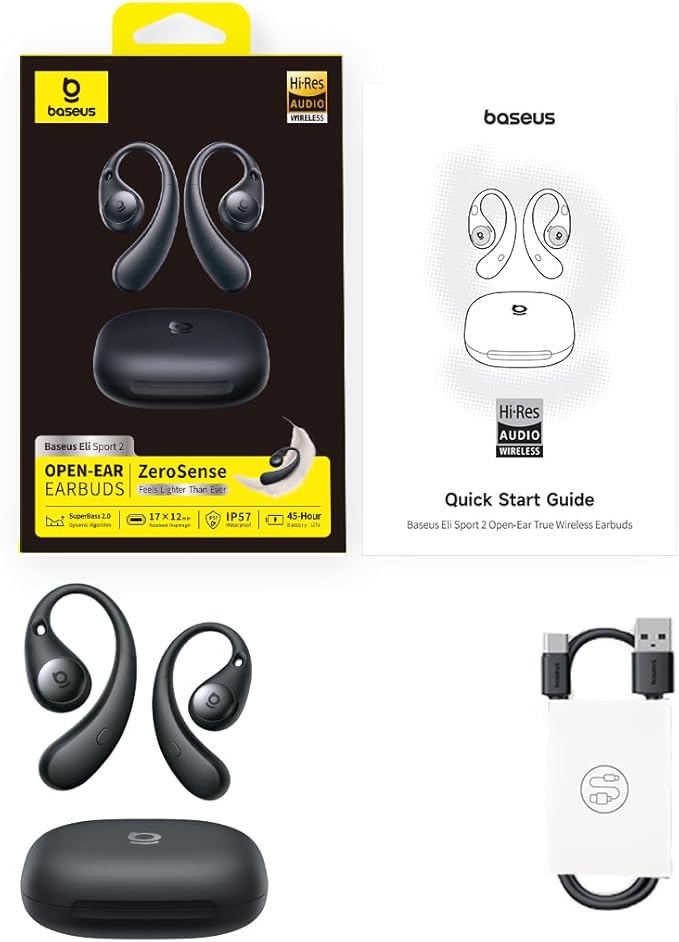 Baseus Eli Sport 2 Open-Ear Headphones Wireless Earbuds,Secure Earhook Sport Design,Ultra-Comfort,4-Mic Clear Calls, IP57 Waterproof,45H Play, Bluetooth 6.0 Earhook Fit Running Workout Gym -Black