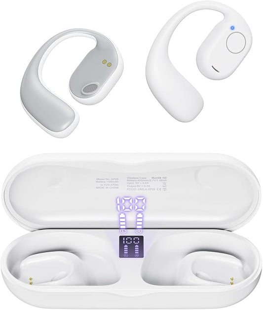 PSIER Open Ear Bluetooth Headphones, 40 Hours Playtime Bluetooth 5.3 Wireless Sports Earbuds with Digital Display Charging Case, White