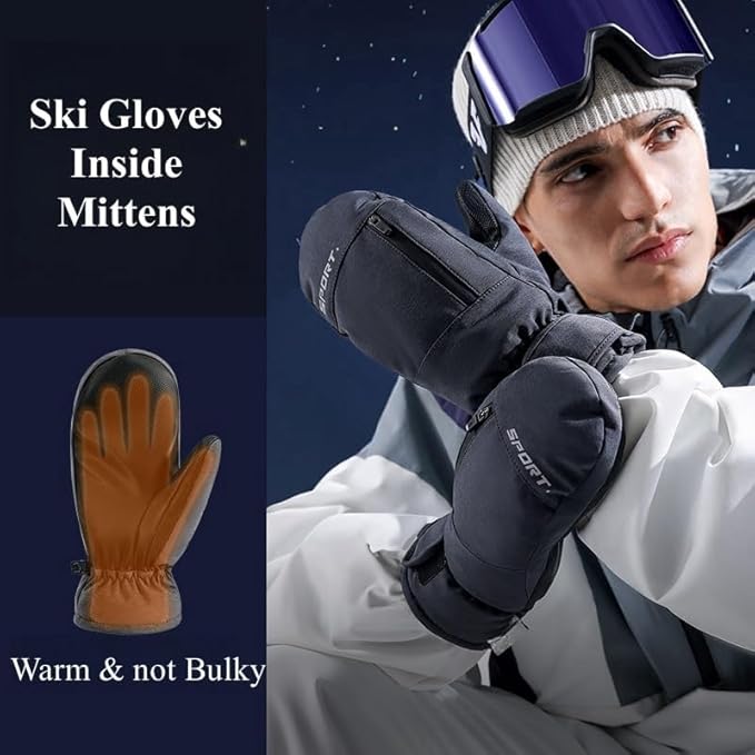 Waterproof Ski Mittens Ski Glove for Women Men Youth Winter Cold Weather Snow Gloves with Hands Warmer Zipper Pocket