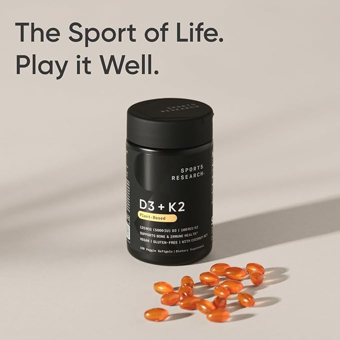 Sports Research® Vitamin D3 + K2 with Coconut MCT Oil | Vegan D3 5000 IU with K2 100 mcg for Bone & Immune Health | Vegan Certified, Soy & Gluten Free - 120 Softgels
