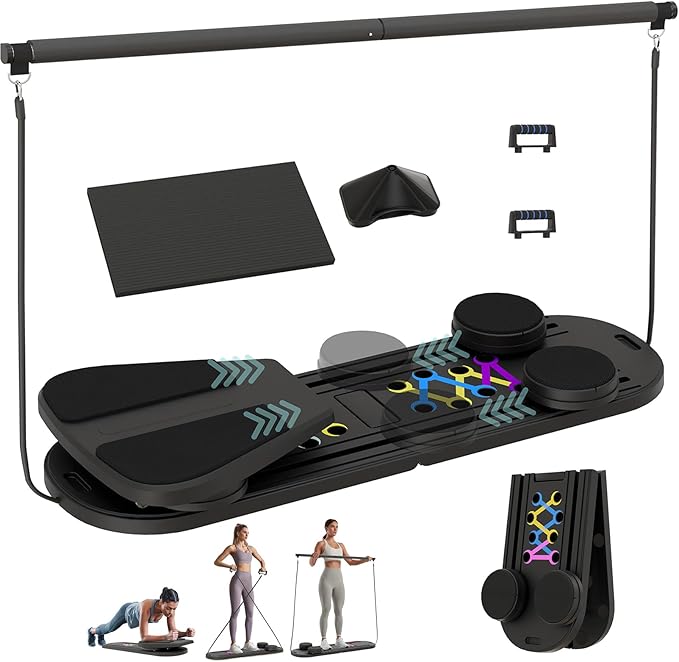 Pilates Board, 6 in 1 Pilates Reformer Set, Foldable Pilates Reformer Machine with Resistance Bands & Ab Trainer for Home Workout, Portable Pilates Board for Women