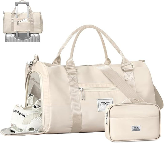 FIORETTO Womens Gym Tote Duffle Bag with Toiletry Bag, Sports Duffel Overnight Hospital Workout Carry on Bag for Girls with Wet Pocket & Shoe Compartment, Ideal for Travel, Swimming, Dance Beige