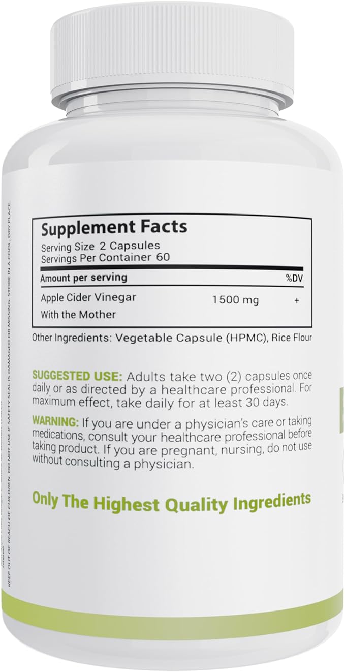 Apple Cider Vinegar Capsules with Mother, 1500mg ACV Pills, Helps Improve Energy, Support Efforts to Improve Immunity and Digestion High Potency, Non-GMO, Gluten-Free - 60-Day Supply