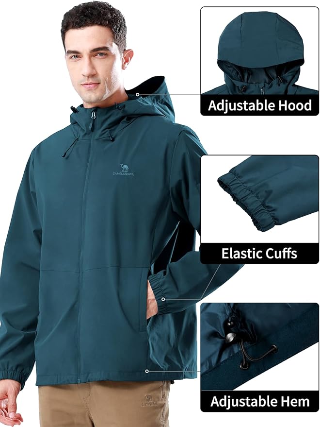 CAMELSPORTS Men Waterproof Softshell Jacket Windbreaker Hooded lightweight Rain Coat for Outdoor Hiking