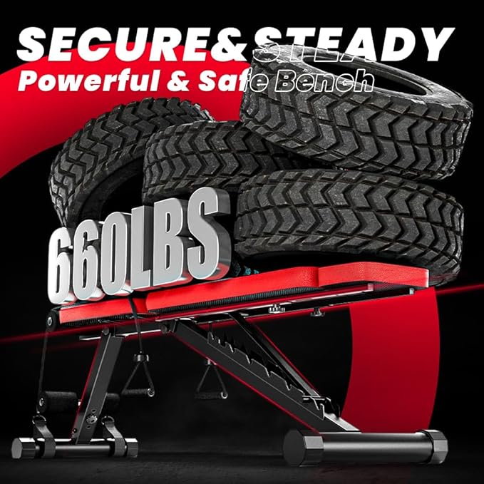 Adjustable Weight Bench, Workout Bench with Adjustable Headrest for Full Body Workout, Fast Folding 660LBS Stable Weight Bench for Men Women Versatile Workouts and Workout Bench for Home Gym (Black)