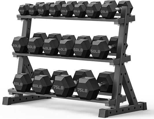 PAPABABE Hex Dumbbell Set with Rack, Rubber Encased Free Weight with Weight Storage Racks, Multiple Weight Options for Home Gym and Fitness