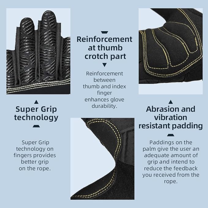 Seibertron Full or Half Finger Padded Palm Lightweight Breathable Climbing Rope Gloves for Climbers, Rock Climbing, Rescue, Adventure, Sailing, Kayaking, Outdoor Sports