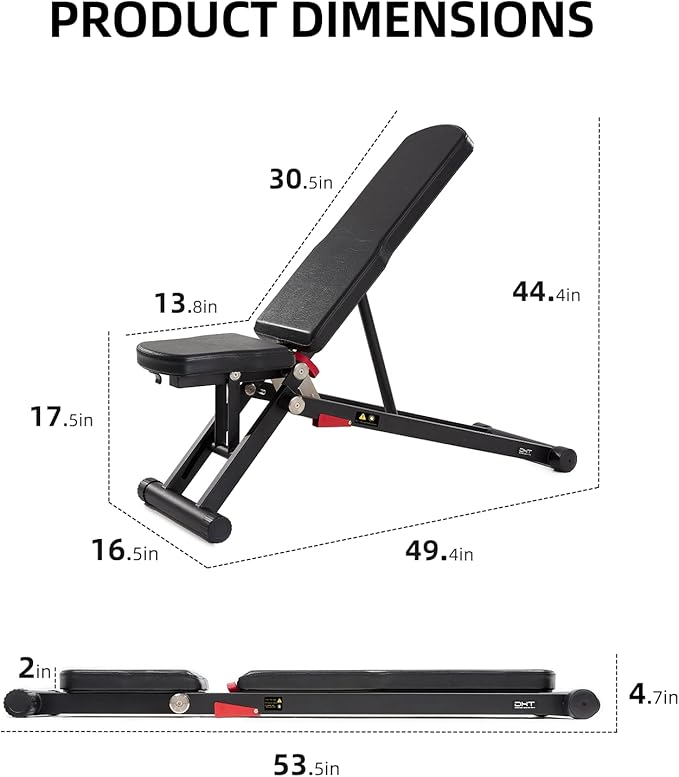 DHT Adjustable Weight Bench for Full Body Workout, Heavy Duty Foldable Bench Press for Home Gym Strength Training, Incline Decline Flat Utility Workout Bench with Fast Adjustment