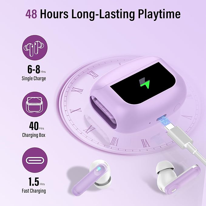Wireless Earbuds, Bluetooth 5.4 Headphones with Multifunctional Touch Screen, 48H Bass Stereo Ear Buds with ANC/ENC Noise Cancelling/Transparency Mode, IPX7 Earphones with 5 EQ Modes, Purple