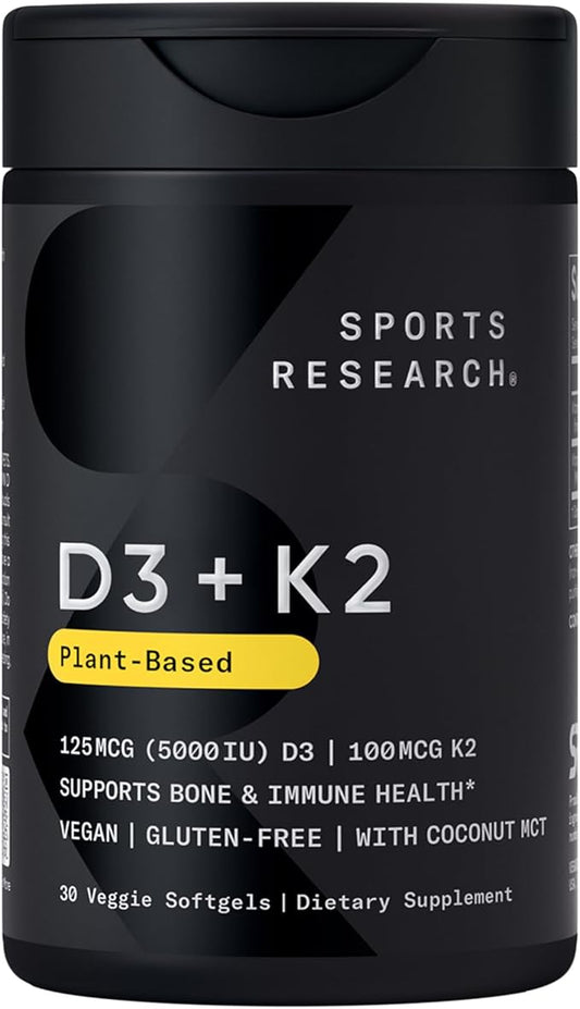 Sports Research Vitamin D3 K2 with Coconut Oil | Plant Based Vitamin K2 MK7 + Vegan D3 5000iu for Bone & Immune Health | Vegan Certified, Soy & Gluten Free - 30 Count Softgels