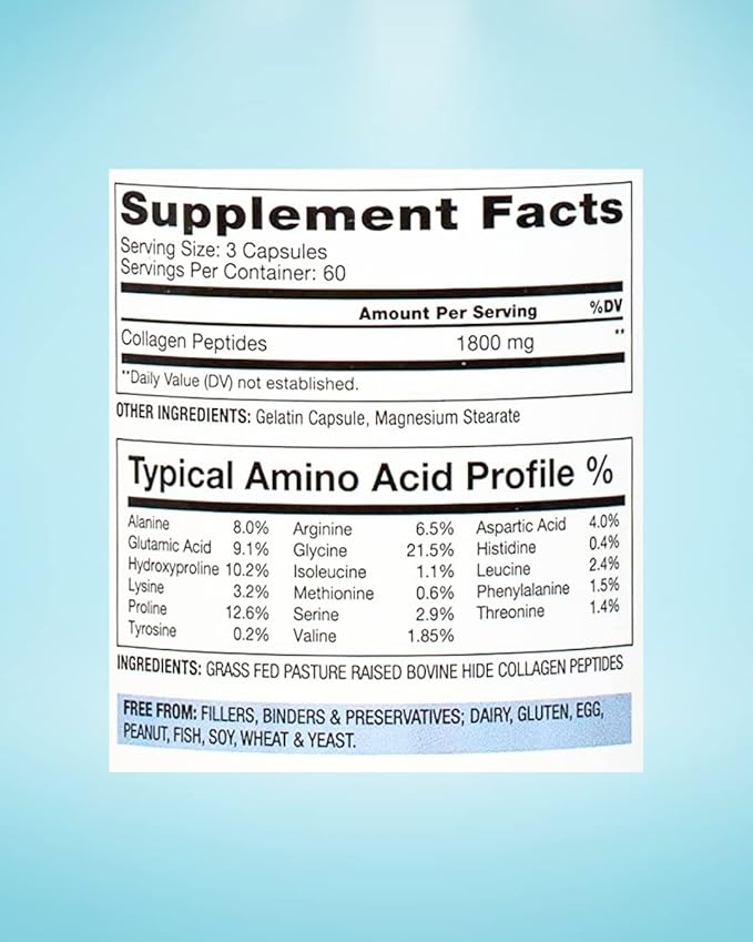 Collagen Peptides Capsules - Grass-Fed, Pasture-Raised Hydrolyzed Protein Supplement for Skin, Hair, & Nails - Non-GMO, Zero Sugar Daily Pills for Men & Women (180 Capsules)