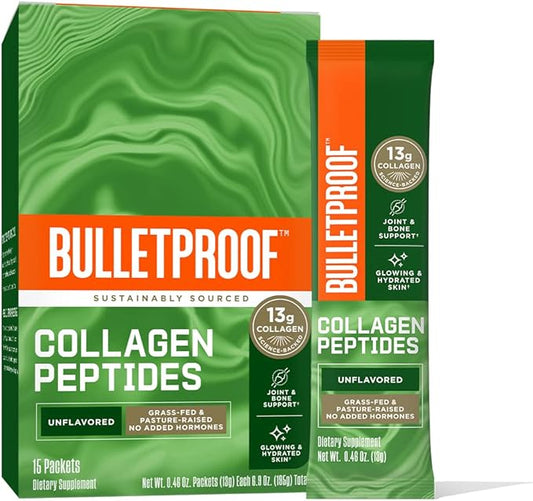Bulletproof Unflavored Collagen Peptides Powder Packets, Pack of 15, Grass-Fed Collagen Protein and Amino Acids for Skin, Bone and Joint Support, Pasture Raised, No Added Hormones