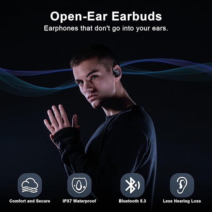 Open Ear Headphones, Open Ear Earbuds, IPX7 Waterproof, Bluetooth 5.3 True Wireless Sports Over Ear Earbuds with Earhooks, Built-in Mic, Crystal-Clear Calls for Running Workout Cycling Driving