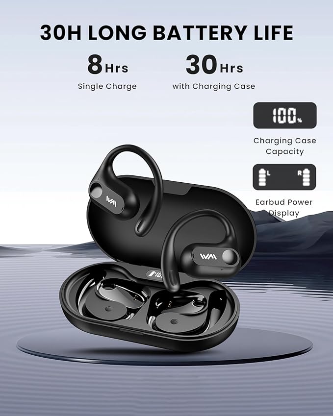 Open Ear Headphones,Bluetooth 5.3 Air Conduction Headphones ,Comfortable for Long Wear ,Powerful Bass,AI Clear Calls,30H Playback,IPX6 Light Weight Open Ear Earbuds with Ear-Hook for Workout,Running