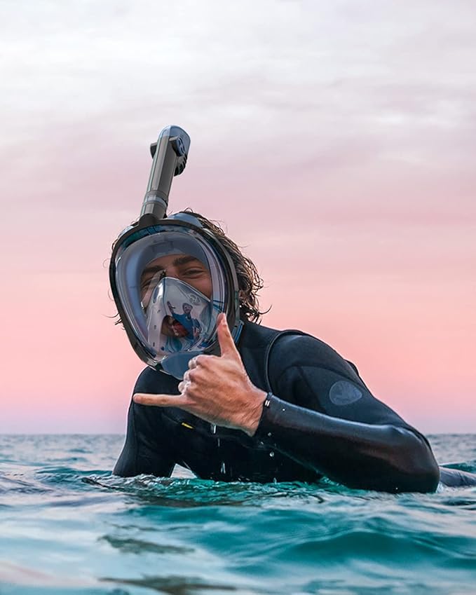 QingSong Full Face Snorkel Mask for Adults, Snorkeling Gear with Camera Mount, 180 Degree Panoramic View Snorkel Set Anti-Fog Anti-Leak