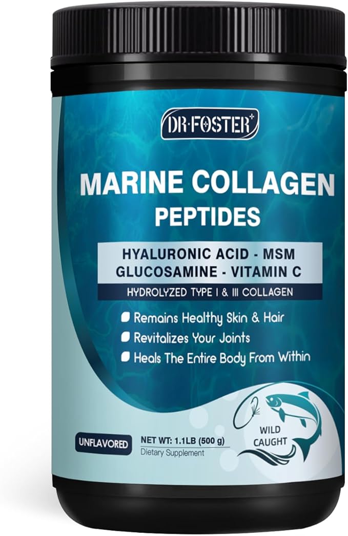 DRFOSTER Marine Collagen Peptides Powder with MSM + GC, Multi Type I & III Collagen with Hyaluronic Acid, Vitamin C & E for Skin, Hair & Nails, Wild-Caught Fish, 50 Servings