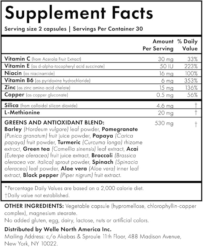 WelleCo The Skin Elixir Greens Powder Capsules with Zinc, Turmeric, Essential Skin Food, Supports Collagen Formation, Gluten Free & Vegan Glowing Skin Supplement, Firmness & Elasticity, 60 Capsules