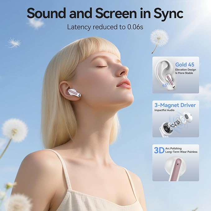 Wireless Earbuds, 2025 Bluetooth 5.3 Headphones HiFi Stereo 50H Playback Ear Buds with Led Digital Display, ENC Noise Cancelling Earbuds for Laptop Computer, iOS, Android, Rose Gold