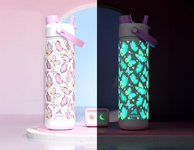 26 oz Insulated Water Bottle with 2-in-1 Straw and Spout Lid, Glow-in-the-Dark, 24H Cold, Leakproof, Fits in Car Cup Holder, Stainless Steel for Sports, Travel, and School (Luminous Flutter)