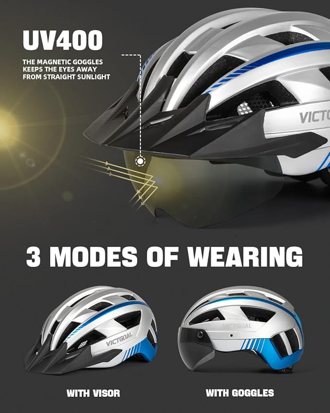 VICTGOAL Bike Helmet for Men Women with Led Light Detachable Magnetic Goggles Removable Sun Visor Mountain & Road Bicycle Helmets Adjustable Size Adult Cycling Helmets