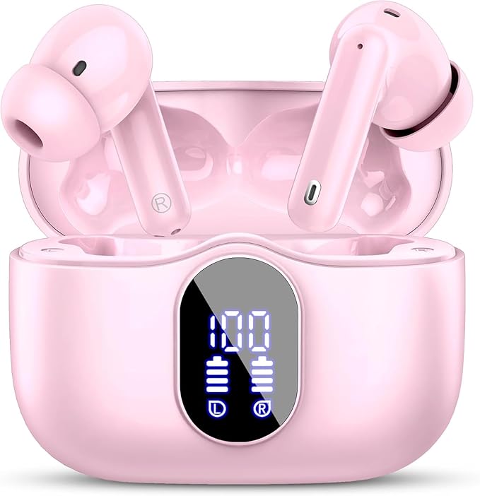 Wireless Earbuds, Bluetooth 5.4 Headphones Bass Stereo, Ear Buds with Noise Cancelling Mic, IP7 Waterproof in Ear Earphones, 36H LED Display Bluetooth Earbuds for Laptop Pad Phones Sports, Pink