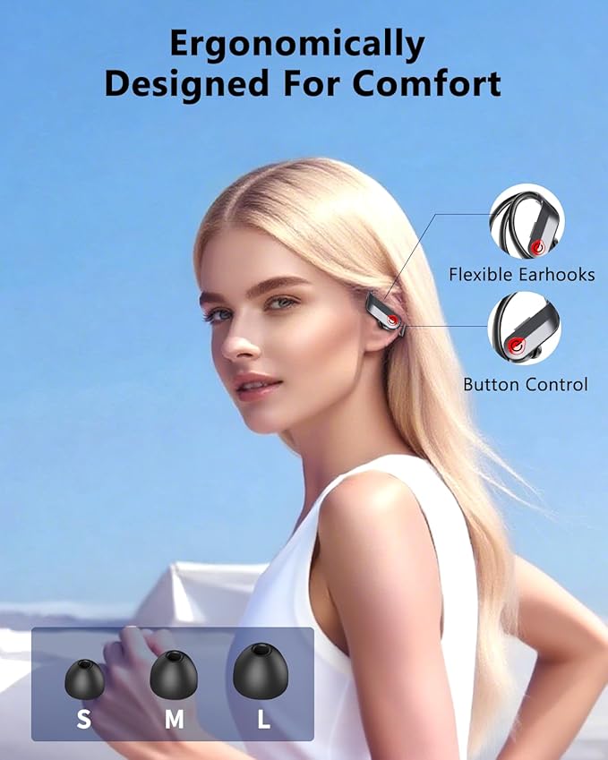 EUQQ Ear Buds Wireless Bluetooth Earbuds, Noise Cancelling Headphones 120H Playtime,IPX7 Waterproof Sports with Earhooks,LED Display Wireless Earphones for Running Gym Workout-Black