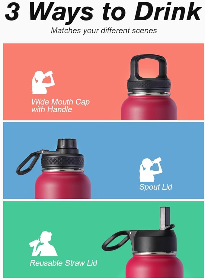 Water Bottle 32 oz Insulated with Straw, Coolflask Stainless Steel Metal 3 Lids Water Flask Wide Mouth for Sports or Office, Non-BPA Keep Cold Up to 48 Hrs or Hot Up to 24 Hrs, Ombre Wine/Navy