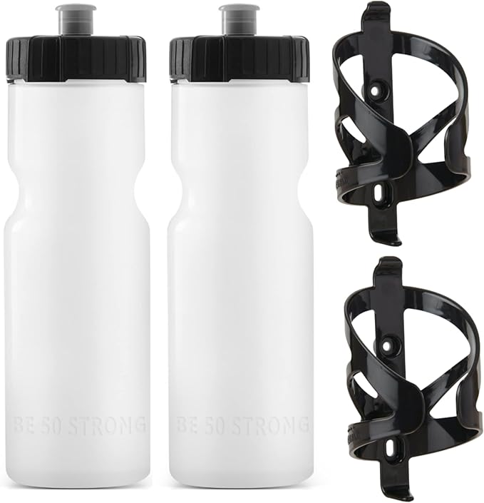 Bike Water Bottle Holder & Bottle Combo – 2-Pack 22 oz Sports Squeeze Bottles with Pull Top Cap & Easy-Install Bike Cage – Made in USA – 50 Strong Brand