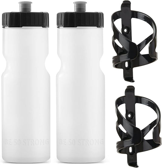 Bike Water Bottle Holder & Bottle Combo – 2-Pack 22 oz Sports Squeeze Bottles with Pull Top Cap & Easy-Install Bike Cage – Made in USA – 50 Strong Brand