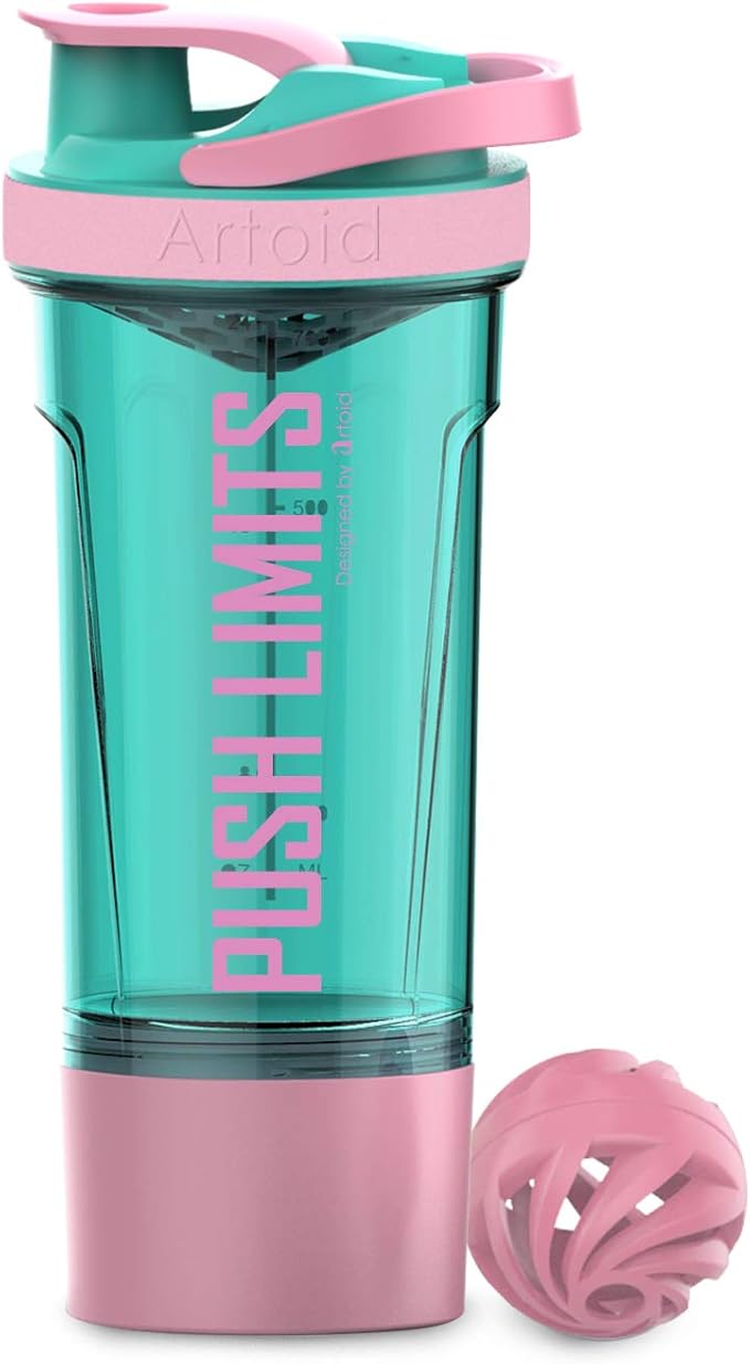 Artoid Mode Inspirational Fitness Workout Sports Protein Shaker Bottle 24-Ounce, Dual Mixing Technology with Shaker Balls & Mixing Grids Included, Twist and Lock Protein Box Storage Included