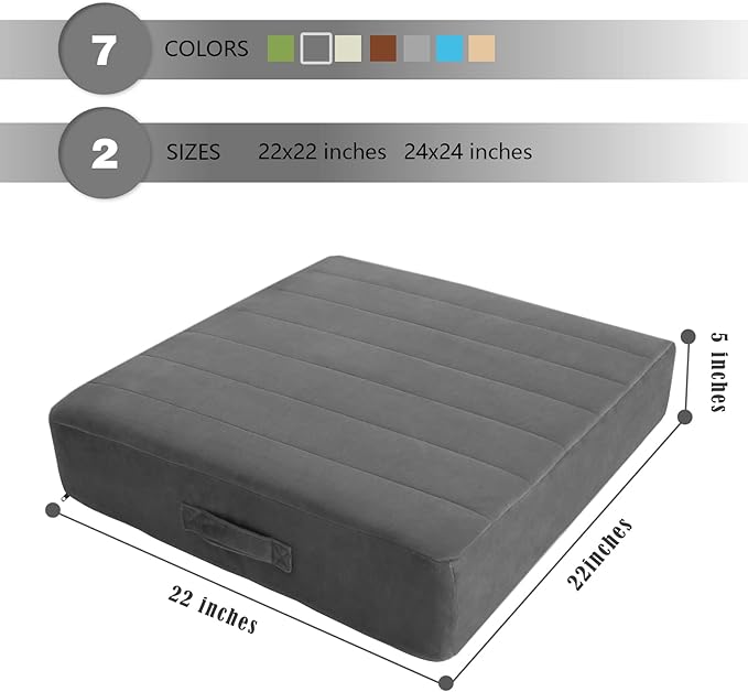 MeMoreCool Square Floor Pillow for Adults and Kids, Large Meditation Cushion with Thick Foam and Washable Tufted Cover, 22-Inch Grey Seat for Yoga and Sitting