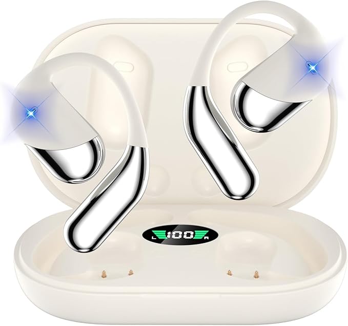 Open Ear Clip Wireless Earbuds Bone Conduction Headphones, Bluetooth 5.4, Open Ear Design, Built-in Mic, IPX7 Waterproof, LED Display Charging Case,Ear Hooks Ear Buds,Design for Running Walking