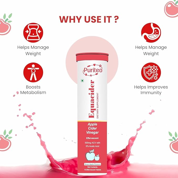 PURITEO-EQUACIDER Apple Cider Vinegar Effervescent Tablets with The Mother, Vegan, No Added Sugar, Non-GMO & Gluten-Free Tablet - (60 Tablets, Pack of 4)