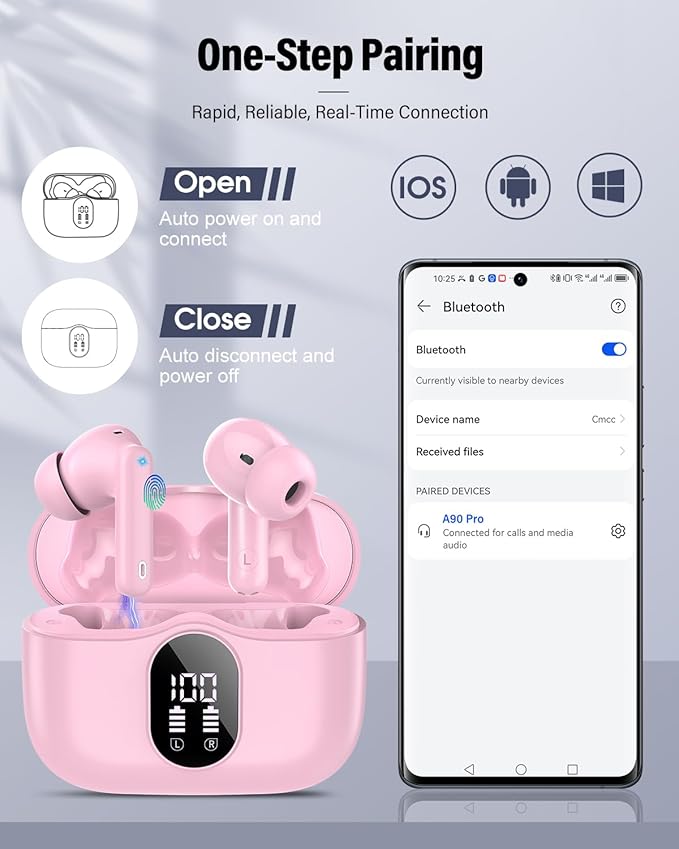 Wireless Earbuds, Bluetooth 5.4 Headphones Bass Stereo, Ear Buds with Noise Cancelling Mic, IP7 Waterproof in Ear Earphones, 36H LED Display Bluetooth Earbuds for Laptop Pad Phones Sports, Pink