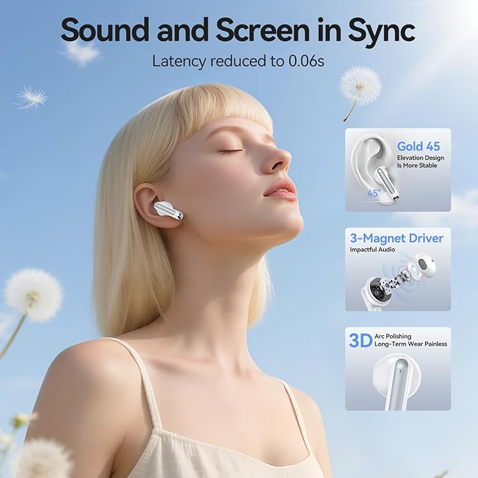 Wireless Earbuds, 2025 Bluetooth 5.3 Headphones HiFi Stereo 50H Playback Ear Buds with Led Digital Display, ENC Noise Cancelling Earbuds for Laptop Computer, iOS, Android, White