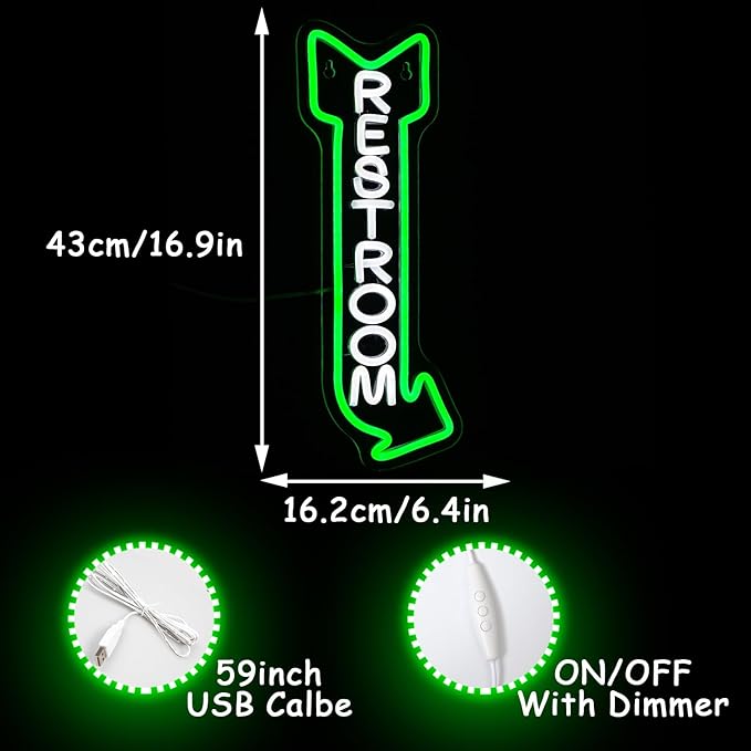 Restroom Neon Sign for Wall Decor Toilet Neon Light Arrow Led Neon Signs White Green LED Neon Lights Bathroom Led Sign for Restroom Hotel Bar(Right Arrow)