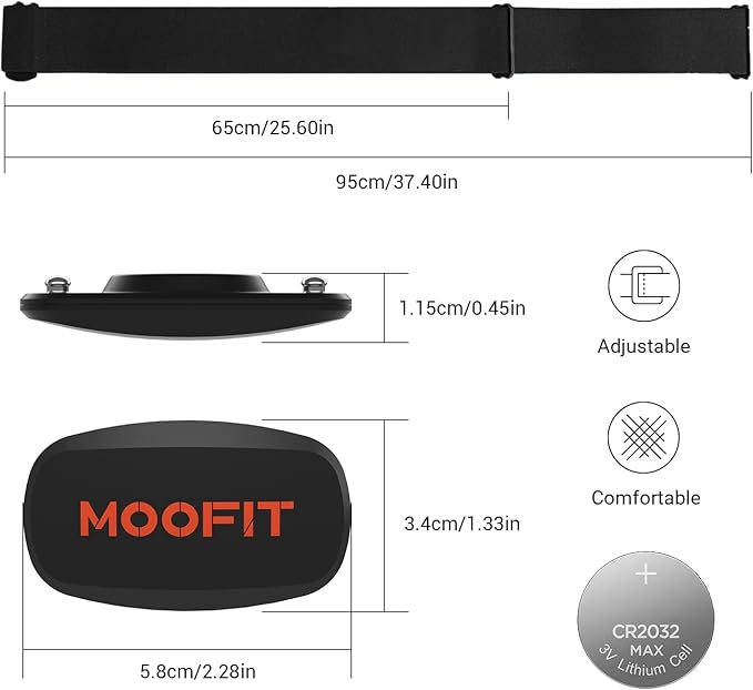 moofit Heart Rate Monitor Chest Strap Bluetooth/ANT+ Waterproof HR Monitor Chest Strap Heart Rate Monitor Compatible with Peloton, Rouvy, TRX, Elite HRV, Peloton, Strava, DDP Yoga