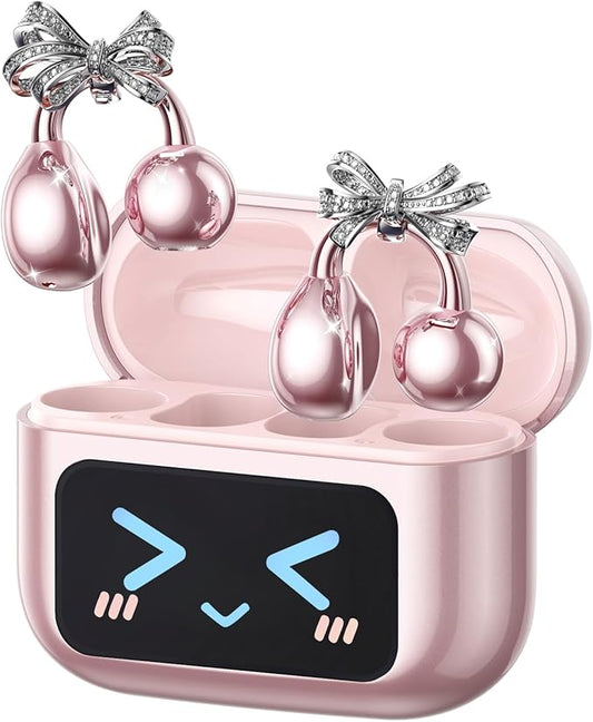 PAXA Stylish Open Ear Clip On Earbuds with Removable Butterfly Earring, Clip On Headphones with LCD Touch Screen, Fashionables Open Ear Headphones for Women, Bow Tie Earring Rose Gold Earbuds