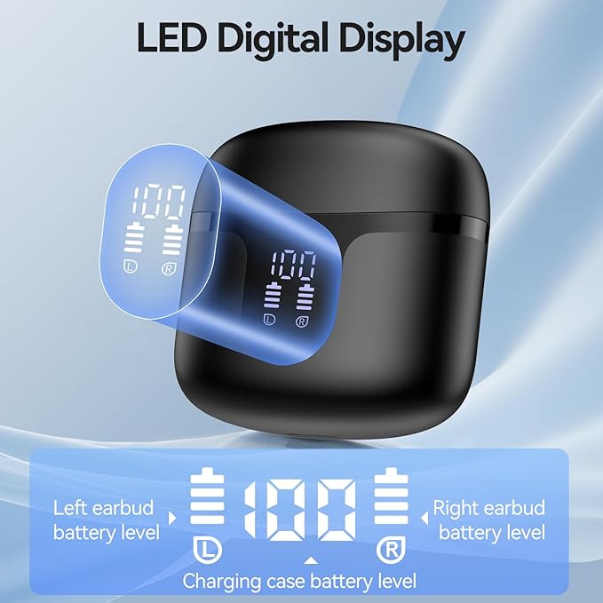 Wireless Earbuds, 2025 Bluetooth 5.3 Headphones HiFi Stereo 50H Playback Ear Buds with Led Digital Display, ENC Noise Cancelling Earbuds for Laptop Computer, iOS, Android, Black
