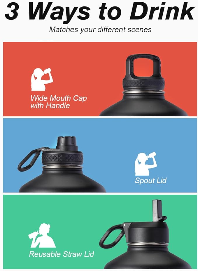 Coolflask 128 oz Gallon Water Bottle Insulated with Straw&3 Lids, Water Jug Large Stainless Steel Metal Vacuum Wide Mouth for Sports, Gym or Office, Non-BPA Keep Cold 48H Hot 24H, Piano Night