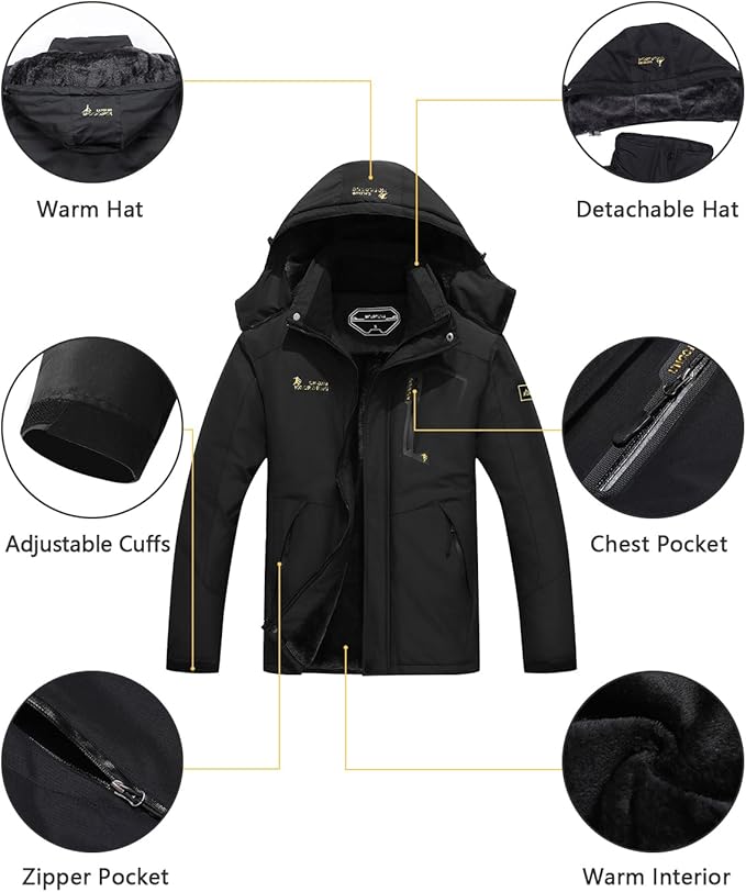 Men's Ski Jacket Warm Winter Snow Coat Waterproof Mountain Windbreaker Snowboarding Jacket Hooded for Hiking Traval