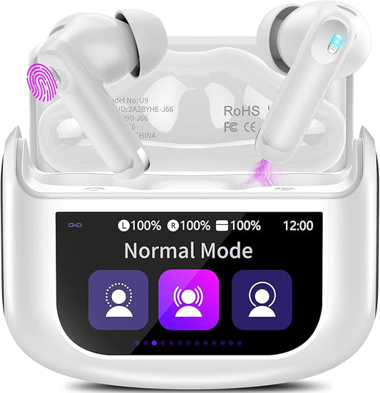 Wireless Earbuds, Bluetooth 5.4 Headphones with Multifunctional Touch Screen, 48H Bass Stereo Ear Buds with ANC/ENC Noise Cancelling/Transparency Mode, IPX7 Earphones with 5 EQ Modes, White