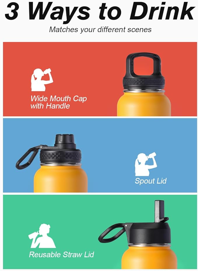 Water Bottle 40 oz Insulated with Straw&Brush, Coolflask Vaccum Stainless Steel Metal 3 Lids Water Flask for Sports, Gym or Office, Keep Cold 48H Hot 24H, Ombre Yellow/Orange