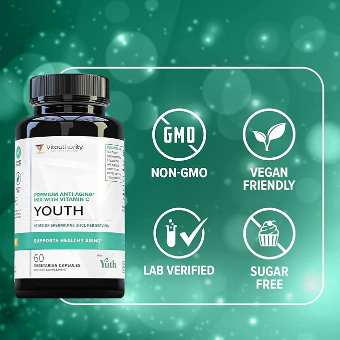 Enhanced Absorption Pure Spermidine Supplement - 99% Standardized Spermidine 3HCL Anti Aging Supplement for Women and Men’s Longevity Brain Telomere Heart Cell and Skin Support - 60 Servings